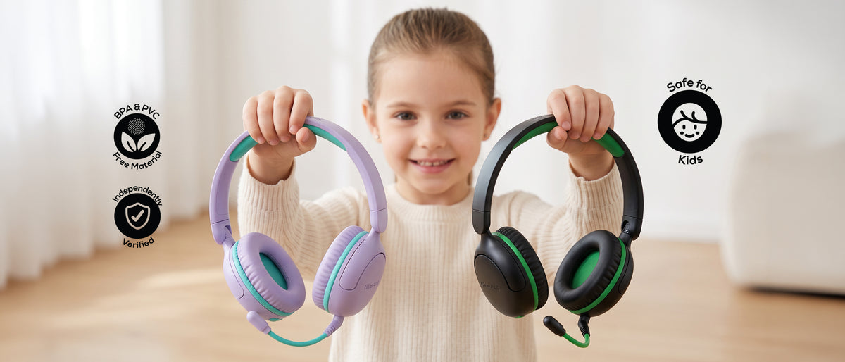 Girl holding BlueAnt Antlings kids' headphones in purple and black, both with boom microphones