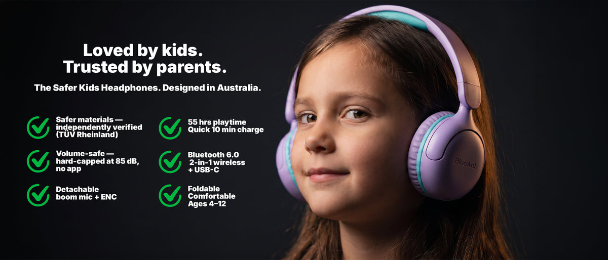 BlueAnt Antlings kids' headphones in Purple & Teal worn by a child