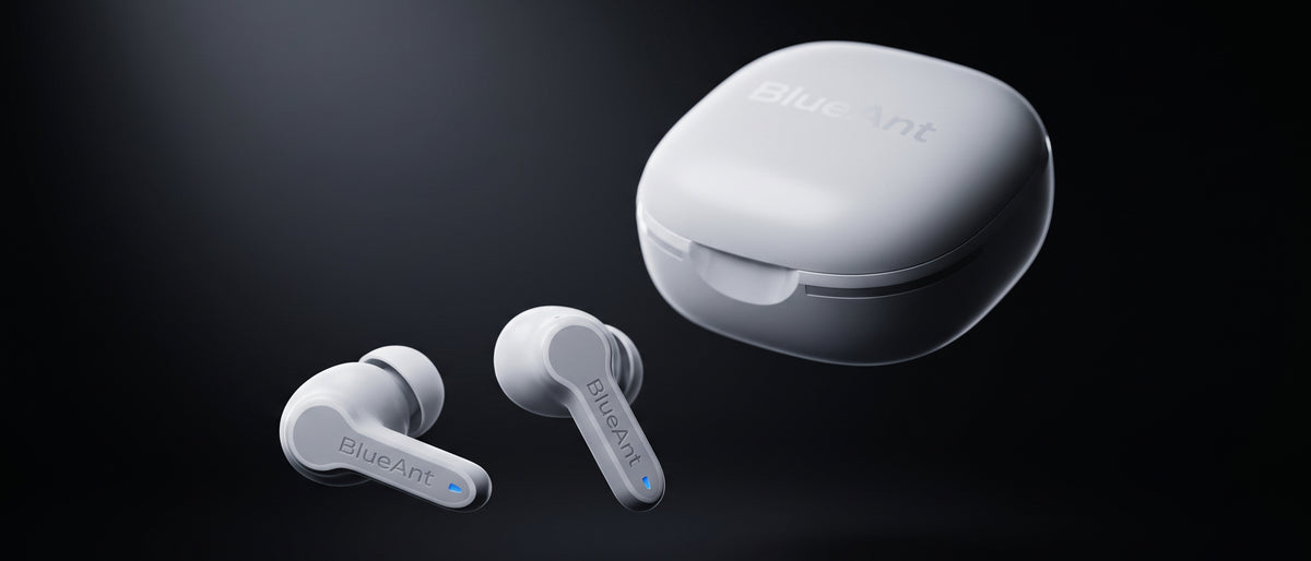 BlueAnt Pump Air ANC 2 earbuds and charging case in white, floating against a dark background