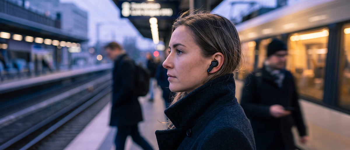 Woman on a train platform at dusk wearing black BlueAnt Pump Air ANC 2 noise-cancelling earbuds