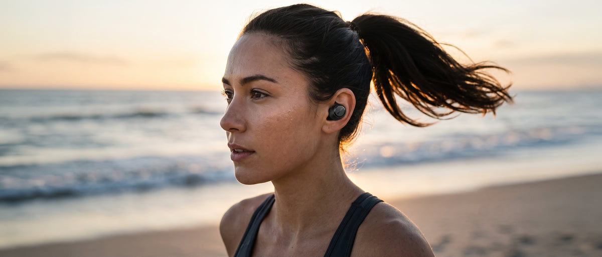 Woman jogging on the beach wearing BlueAnt Pump Air Lite 3 wireless earbuds