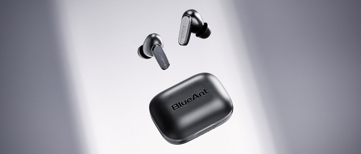 BlueAnt Pump Air Ultra wireless earbuds and charging case in black, floating on a grey background
