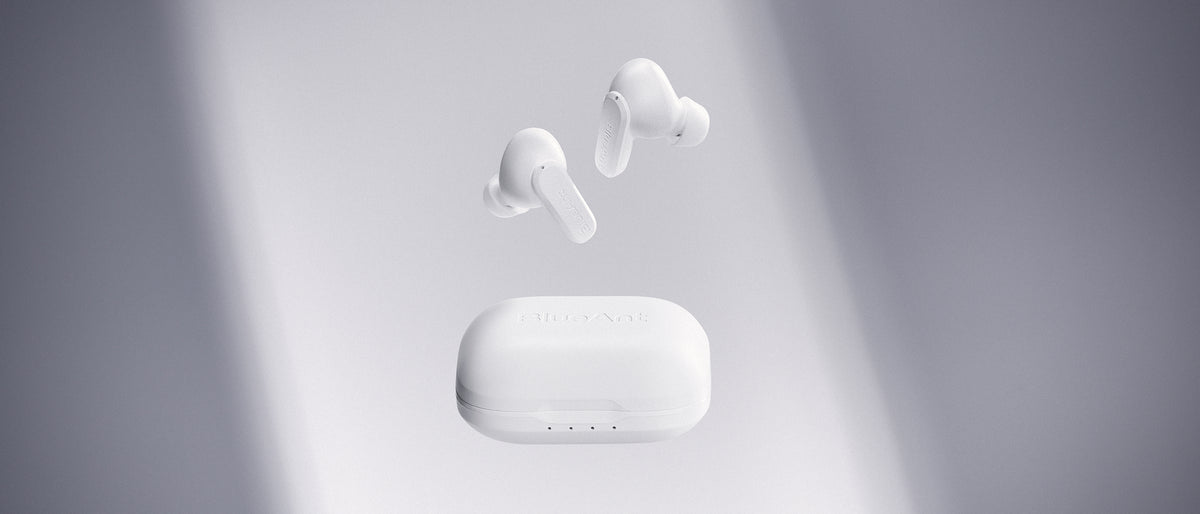 BlueAnt Pump Air Ultra wireless earbuds and charging case in white, floating on a grey background