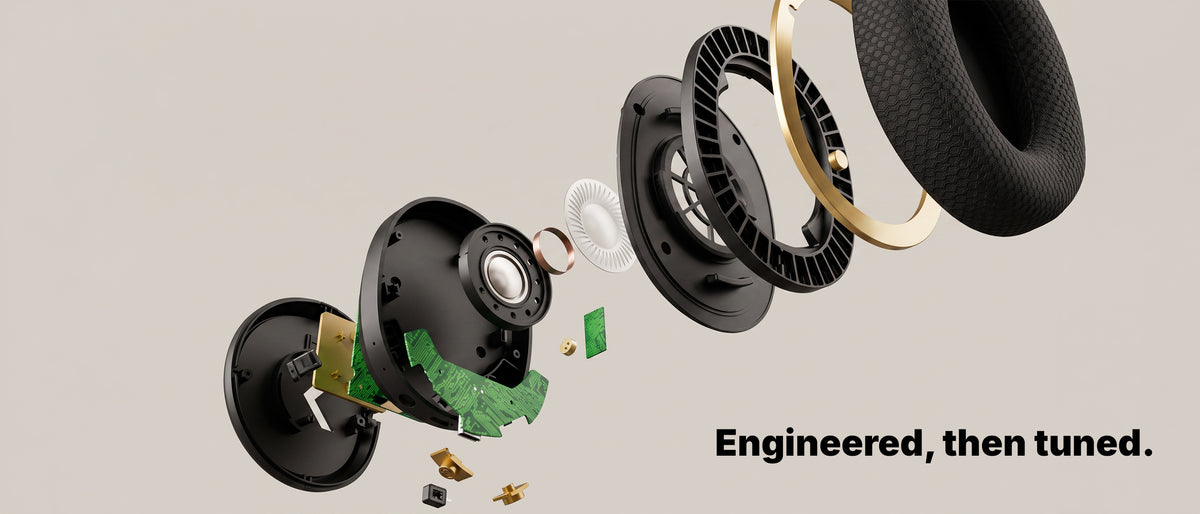 BlueAnt Pump X earcup exploded into components, driver, voice coil, gold trim ring, mesh cushion. Engineered, then tuned.