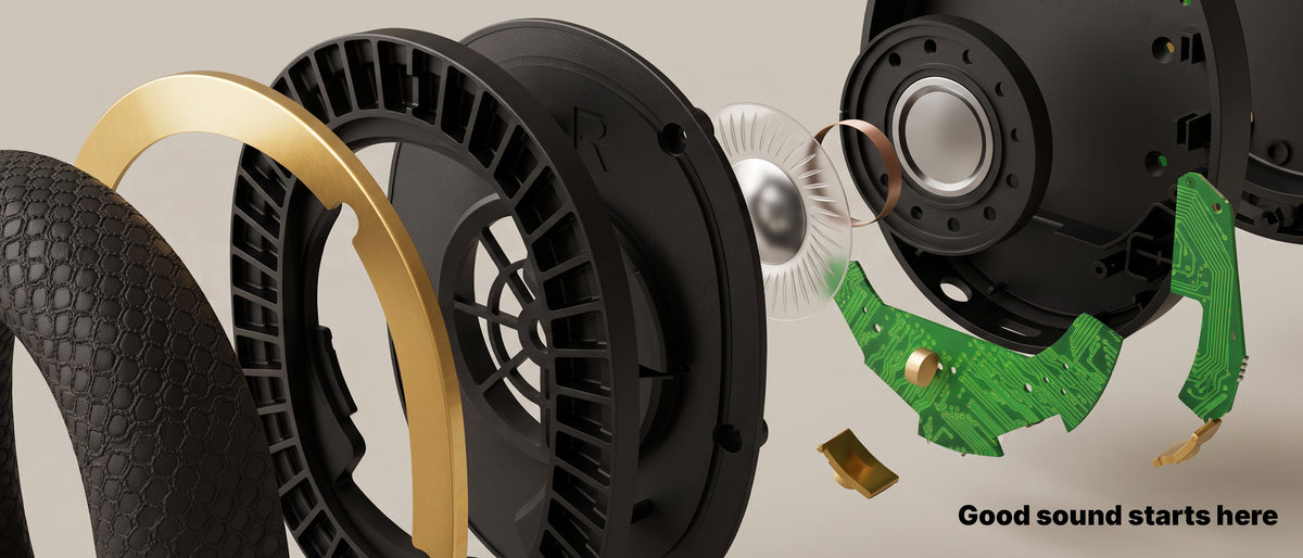 BlueAnt Pump X driver exploded — mesh cushion, gold ring, baffle, diaphragm, voice coil, board. Good sound starts here.
