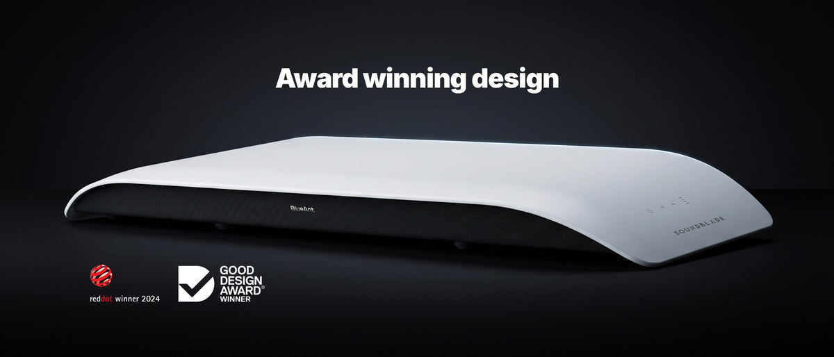 White BlueAnt Soundblade soundbar with Red Dot Winner 2024 and Good Design Award Winner badges