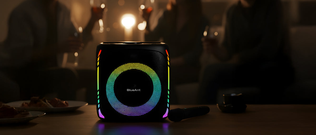 Compact BlueAnt X4i Bluetooth party speaker, front view with multi-colour LED ring lit