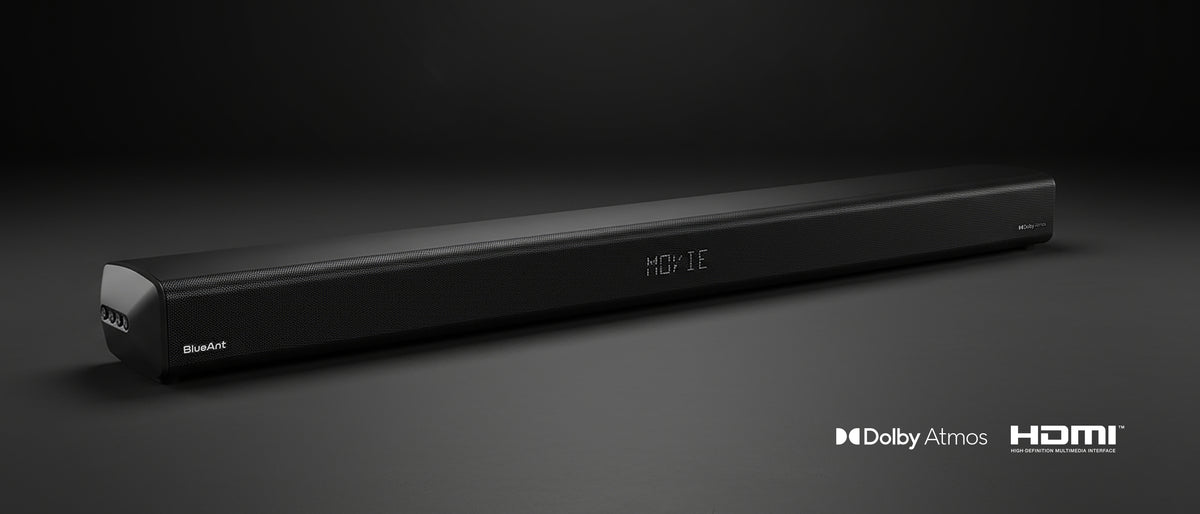 Black BlueAnt XT100 Dolby Atmos soundbar on a dark background