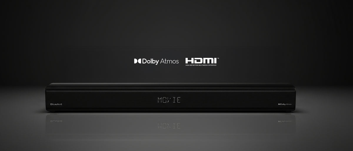 Black BlueAnt XT100 Dolby Atmos soundbar front on, on a dark background